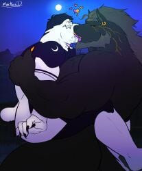 absurd_res anthony_drescar_(markusd) anthro anthro_on_anthro bear beard big_muscles canid canine canis duo enti_orasia_(entitropy) facial_hair fur hi_res kiss_on_lips kissing male male/male mammal markusd muscular muscular_male polar_bear ursine wolf
