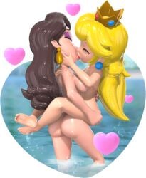 2girls 3d beach blonde_hair blue_eyes brown_hair fawful69 female_only freckles freckles_on_ass freckles_on_face freckles_on_shoulders heart hearts_around_body hearts_around_head holding_partner kissing lesbian mario_(series) nintendo official_style on_model pauline pauline_(mario) princess_peach water wet yuri