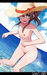 absurdres bad_id bad_pixiv_id breasts brown_hair cleft_of_venus completely_nude dated female green_eyes groin hat highres hololive looking_at_viewer natsuiro_matsuri nipples no_panties nude ocean ontake2009 open_mouth outdoors pussy side_ponytail small_breasts solo straw_hat teeth uncensored upper_teeth_only virtual_youtuber wading