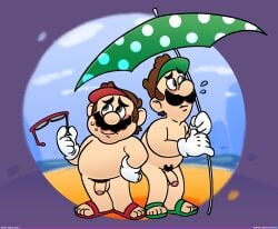 2boys 2d 2d_artwork beach beach_umbrella belly blush brown_hair duo embarrassed facial_hair fat fat_belly fat_male gloves goatene green_hat hat height_difference holding_sunglasses holding_umbrella light-skinned_male light_skin luigi male male_only mario_(series) mature mature_male moustache naughtybassard nintendo nrevous nude nude_male overweight overweight_male penis pubic_hair red_hat sandals shorter_male skinny skinny_male sunglasses sweat sweating taller_male torquewintress umbrella white_gloves