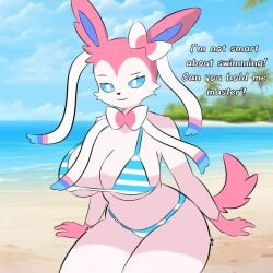 1:1 2025 anthro anthro_pokemon anthrofied beach big_breasts bikini blue_sclera bow_ribbon bra breasts clothed clothing dialogue digital_drawing_(artwork) digital_media_(artwork) eeveelution english_text evaacii female fur generation_6_pokemon hi_res huge_breasts looking_at_viewer master nintendo panties pink_body pink_fur pokemon pokemon_(species) pokemorph ribbons smile solo swimwear sylveon tail talking_to_viewer text thick_thighs two-piece_swimsuit underwear white_body white_eyes white_fur wide_hips