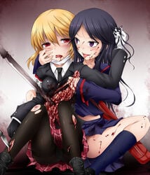 black_hair blonde_hair blood clothing copyright_request gloves gore guro hair_pull injury intestines knife licking multiple_girls necktie no_panties panties panties_under_pantyhose pantyhose purple_eyes red_eyes shimo_(depthbomb) skirt sword tongue torn_clothes underwear weapon