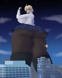 2girls ahoge arcueid_brunestud ass ass ass_focus big_breasts black_panties blonde_hair blue_hair blush bottom_heavy breasts_bigger_than_head building ciel_(tsukihime) city enormous_breasts from_below giantess huge_breasts iffy_realms large_breasts looking_at_self low-angle_view low_angle low_view macro melty_blood nipple_bulge pantyhose plump red_eyes short_hair size_difference size_play smaller_female taller_female thick_thighs thighs tiny_female torn_pantyhose tsukihime tsukihime_(remake)