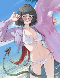 absurdres adjusting_eyewear animal_ears bikini black_hair blue_sky breasts cloud commentary dai_(tdaitw) day english_commentary female green_eyes grin highres holding holding_swim_ring innertube jacket jane_doe_(zenless_zone_zero) large_breasts long_hair looking_at_viewer mouse_ears mouse_girl mouse_tail multicolored_hair ocean one_eye_closed purple-tinted_eyewear purple_innertube purple_jacket red_hair sharp_tail sky smile solo standing sunglasses swim_ring swimsuit tail tail_around_own_leg thighs tinted_eyewear white_bikini zenless_zone_zero