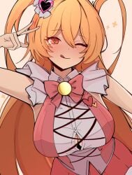 1girls big_breasts breasts cleavage cleavage_window don_quixote_(limbus_company) ego_gear eyebrows_visible_through_hair eyelashes_visible_through_hair female hair_between_eyes hair_ornament huge_breasts large_breasts limbus_company long_hair m_ayonessa one_eye_closed orange_eyes project_moon queen_of_hatred queen_of_hatred_(cosplay) sleeveless sleeveless_dress sole_female tongue_out twintails yellow_hair