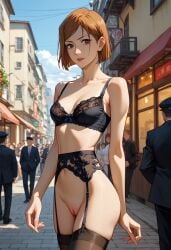 ai_art ai_generated almost_naked almost_nude bare_arms bare_ass bare_shoulders bra breasts brown_hair clean_shaven covered_nipples exhibitionism exposed eyes eyes_open fingers garter_belt garter_straps hair jujutsu_kaisen kugisaki_nobara lace lace-trimmed_bra lace_bra navel nobara_kugisaki public public_exposure public_indecency pussy robin34art shaved_crotch shaved_pussy short_hair small_breasts thighhighs thighs vagina