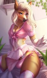 2023 absurd_res anthro anthro_only artist_name ashton_prince_(fursona) bedroom biped blonde_hair blue_eyes blush book bookshelf bottomwear brown_body brown_fur bulge clothed clothing clothing_pull cloudsen crossdressing equid equine femboy fingers flaccid front_view fur furniture genitals hair hi_res horse humanoid_hands inside legwear long_hair looking_at_viewer low-angle_view male mammal midriff navel panties panty_pull penis pink_bottomwear pink_clothing pink_legwear pink_panties pink_shirt pink_skirt pink_thigh_highs pink_topwear pink_underwear seductive shaded shirt sitting skimpy skirt smile solo text thigh_highs tied_shirt topwear underwear underwear_pull