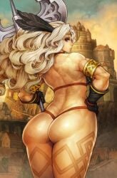 amazon_(dragon's_crown) ass axe background bikini dragon's_crown hand_on_hip looking_at_viewer looking_back muscular muscular_female polearm presenting_hindquarters shigatake thong vanillaware