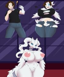 anthro big_breasts breast_growth breasts brown_hair colored confusion danilokumriolu expansion female fur gender_transformation generation_5_pokemon genitals growth hair hair_shrinking happy hi_res human legendary_pokemon looking_at_self male mammal mtf_transformation nintendo nipples pokemon pokemon_(species) pussy reshiram sequence solo species_transformation surprised_expression tail tail_growth thick_thighs thigh_expansion transformation vulva white_body white_fur