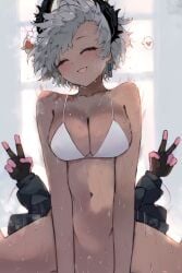 :d ^_^ arknights bikini bikini_top_only black_feathers blush bottomless breasts closed_eyes cowgirl_position dark-skinned_female dark_skin double_v extra_arms feather_hair feathers female grey_hair happy_sex highres implied_sex kyuu_(plastic_night_q) medium_breasts motion_lines navel open_mouth out-of-frame_censoring raidian_(arknights) short_hair smile straddling swimsuit v white_bikini
