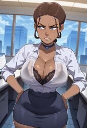 1girls 2025 ai_generated alternate_version_available avatar_the_last_airbender big_breasts blue_eyes breasts brown_hair cleavage dark-skinned_female dark_skin female goonergater katara office office_lady solo standing thick_thighs thighs