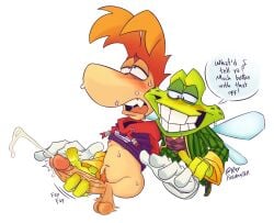 amphibian anthro blush bodily_fluids clothing corruption cum duo english_text frog genital_fluids genitals gloves handjob handwear hi_res humanoid humanoid_genitalia humanoid_penis male male/male murphy_(rayman) mutual_masturbation nipples on_model penile penis pubes rayfreakster rayman rayman_(series) raypeople_(rayman) reach_around sex shirt_pulled_up speech_bubble text ubisoft