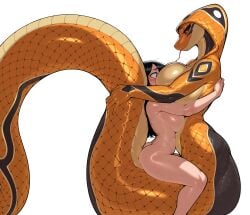 2girls anthro anthro_on_female black_eyes black_sclera breast_press cobra dark_hair hug huge_breasts large_breasts looking_at_another nervous red_eyes scalie sitting smile snake_girl snake_hood sweat tail_wrap tongue_out wheel_of_fortune_(artist) white_background