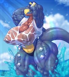 4:5 abs anthro areola ball biceps big_breasts big_muscles black_sclera bodily_fluids breasts clothing detailed_background expand-blurples female garchomp generation_4_pokemon hands_behind_head hi_res huge_breasts huge_muscles hyper hyper_breasts hyper_muscles joanne_(megustalikey) lens_flare multicolored_body muscular muscular_anthro muscular_female nintendo nipples nude nude_anthro nude_female pokemon pokemon_(species) pool raised_arms red_areola red_nipples sea solo sparkles steam swimwear translucent translucent_clothing underwear volleyball_(ball) water wet wet_body wet_clothing wet_skin wet_t-shirt yellow_eyes