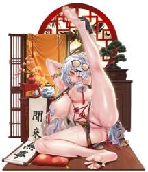absurdres ahoge anal anal_object_insertion areola_slip arm_behind_head armpits arms_up ass barefoot black_gloves bonsai breasts butt_plug calligraphy_brush calligraphy_scroll china_dress chinese_clothes cleavage cushion dress eyewear_on_head female female_pubic_hair gloves grey_hair hair_ornament hairclip highres huge_breasts jagoo kneepits long_hair looking_at_viewer mole mole_on_breast nipple_tassels object_insertion paintbrush pasties pelvic_curtain pubic_hair sex_toy shiny_skin soles solo spread_legs sunglasses teapot thighs toes very_long_hair yellow_eyes yixuan_(zenless_zone_zero) zenless_zone_zero