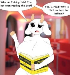 anthro big_breasts black_eyes book book_and_boob bovid breasts bunny_maloney caprine charlotte_(bunny_maloney) confusion convenient_censorship dialogue female for_dummies foxtide888 furry furry_only goat hooves horn huge_breasts mammal meme open_mouth solo text white_body