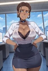 1girls 2025 ai_generated alternate_version_available avatar_the_last_airbender big_breasts blue_eyes breasts brown_hair cleavage dark-skinned_female dark_skin female goonergater katara office office_lady solo standing thick_thighs thighs