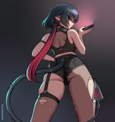 1girls :3 animal_ears ass asymmetrical_legwear black_background black_gloves black_hair black_pantyhose black_shirt black_shorts black_thighhighs blue_eyes blush breasts cellphone clothing_cutout female fingerless_gloves from_behind garter_belt garter_straps gloves grin hand_on_own_hip holding holding_phone jane_doe_(zenless_zone_zero) kuroonehalf long_hair looking_at_viewer looking_back low_ponytail medium_breasts midriff mouse_ears mouse_girl mouse_tail multicolored_hair pantyhose phone ponytail red_hair sharp_teeth shirt short_shorts shorts single_glove single_leg_pantyhose single_thighhigh sleeveless sleeveless_shirt smartphone smile standing tail tail_through_clothes teeth thighhighs torn_clothes torn_pantyhose torn_thighhighs two-tone_hair zenless_zone_zero
