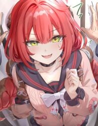 against_wall black_choker black_sailor_collar black_skirt blunt_bangs blush bow bowtie braid braided_twintails cardigan chest_bow choker embarrassed from_above green_eyes hand_on_wall hoyoverse kabedon long_hair long_sleeves looking_at_viewer looking_up mihoyo mihoyo_technology_(shanghai)_co._ltd. pink_cardigan pov pov_hands racoon red_hair sailor_collar skirt smile sphere_hair_ornament standing sweat tomas_(kaosu22) twintails ukinami_yuzuha white_bow white_bowtie zenless_zone_zero