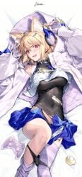 animal_ear_fluff animal_ears arcueid_brunestud black_panties black_shirt blonde_hair blue_skirt blush bow breasts camisole cat_ears controller crescent crescent_hair_ornament crop_top crop_top_overhang fate/grand_order fate_(series) female fingerless_gloves game_controller gloves hair_ornament headphones highres hood hooded_jacket jacket kousaki_rui large_breasts long_sleeves looking_at_viewer miniskirt open_mouth panties phantas-moon phantas-moon_(second_ascension) purple_gloves purple_thighhighs red_eyes shirt short_hair skirt sleeveless sleeveless_shirt smile solo striped_clothes striped_gloves striped_thighhighs thighhighs tsukihime underwear white_camisole white_jacket