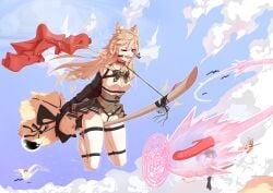3girls absurdres animal_ear_fluff animal_ears animi armbinder arms_behind_back bag ball_gag black_shoes blonde_hair blush bondage bound bow bowtie broom broom_riding brown_eyes cat_ears cloud cloudy_sky coat commentary_request crotch_rope dildo dildo_gag feathermare female flying frogtie full_body gag gagged hat highres long_hair multiple_girls one_eye_closed open_mouth original outdoors pillion_bondage pink_hair pleated_skirt potion red_coat rope sex_toy shibari_over_clothes shirt shoes skindentation skirt sky teeth thighhighs upper_teeth very_long_hair white_thighhighs witch witch_hat zettai_ryouiki