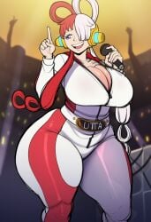 ai_generated arms_up ass belt blackwhiplash_(style) booty breasts bursting_breasts concert dumptruck_ass dumptruck_butt female gigantic_ass hips huge_ass latex latex_suit looking_at_viewer lubbasdump microphone on_stage one_piece singer singing smile smiling uta_(one_piece) wide_hips