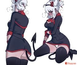 absurdres black_boots black_shirt black_skirt black_thighhighs blush boots breasts cleavage cleavage_cutout clothing_cutout demon_girl demon_horns demon_tail female hashtag-only_commentary helltaker highres horns looking_at_viewer lucifer_(helltaker) multiple_views osulan panties panty_peek patreon_logo red_eyes shirt skirt standing tail thighhighs underwear white_hair white_panties