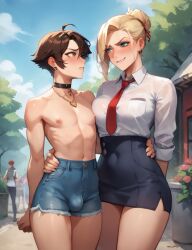 1female 1femboy ai_generated ashamed bangs big_breasts blonde_female blonde_hair boss_lady breasts bulge_through_clothing female femboy feminine feminine_male feminization flat_chest flat_chested hair_bun humiliation large_breasts male penis short_hair shorter_male shy small_penis taller_female taller_girl tiny_penis