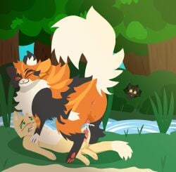11oaksfall11 appledusk_(warriors) blush detailed_background duo duo_focus female feral feral_on_feral fur group hi_res male male/female mapleshade_(warriors) orange_body orange_fur outdoors outside public questionable_consent ravenwing_(warriors) trio voyeur warriors_(book_series)
