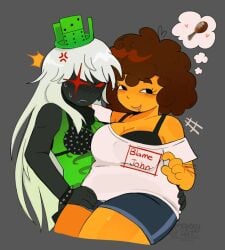1x1x1x1 1x1x1x1_(forsaken) 2girls artmaxjj betrayed_1x1x1x1 bra breasts chubby_female cleavage clothed forsaken_(roblox) roblox roblox_game robloxian rule_63 safe_for_work sfw shedletsky shedletsky_(forsaken) tagme thighs thought_bubble watermark yuri