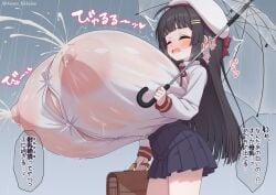 1girls areolae breast_expansion breasts cleavage enormous_breasts hyper hyper_breasts japanese_text lactating lactation milk nipples nipples_visible_through_clothing original original_character schoolgirl tagu_hblabe text wet_clothes