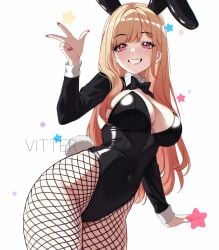 1girls animal_ears black_leotard blonde_hair breasts cleavage cowboy_shot fake_animal_ears fake_tail fishnet_pantyhose fishnets gradient_hair highres kitagawa_marin large_breasts leotard long_hair multicolored_hair pantyhose pink_hair playboy_bunny rabbit_ears rabbit_tail red_eyes simple_background sono_bisque_doll_wa_koi_wo_suru star_(symbol) tail two-tone_hair vitter w white_background