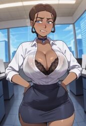 1girls 2025 ai_generated alternate_version_available avatar_the_last_airbender big_breasts blue_eyes breasts brown_hair cleavage dark-skinned_female dark_skin female goonergater katara office office_lady solo standing thick_thighs thighs
