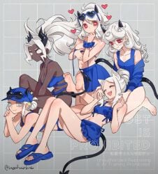 5girls :d ^_^ absurdres bikini black_horns blue_bikini blue_hat blue_one-piece_swimsuit blue_skirt breasts cerberus_(helltaker) closed_eyes closed_mouth dark-skinned_female dark_skin demon_girl demon_horns eyewear_on_head eyewear_on_headwear female glasses grey_background grey_eyes hat heart heart-shaped_eyewear heart-shaped_pupils helltaker highres horns judgement_(helltaker) justice_(helltaker) large_breasts long_hair looking_at_viewer lying modeus_(helltaker) multiple_girls noah_(tettsui-sole) on_stomach one-piece_swimsuit open_mouth pandemonica_(helltaker) red_eyes round_eyewear sitting skirt smile sunglasses swimsuit symbol-shaped_pupils white_eyes white_hair