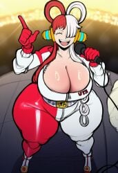 ai_generated arms_up ass belt blackwhiplash_(style) booty breasts bursting_breasts concert dumptruck_ass dumptruck_butt female gigantic_ass hips huge_ass latex latex_suit looking_at_viewer lubbasdump microphone on_stage one_piece singer singing smile smiling uta_(one_piece) wide_hips
