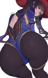 1girls 2d 2d_(artwork) artist_name artist_signature ass ass_focus back back_view backboob black_legwear blush clothed clothing dark_hair digital_media_(artwork) female genshin_impact grey_eyes highres hoyoverse light-skinned_female light_skin long_hair looking_at_viewer looking_back_at_viewer magic mihoyo mona_(genshin_impact) parted_lips smile solo sweat sweatdrop sweating tagme tight_clothing wet wet_body wet_clothes wet_skin white_background witch_hat