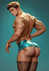 ai_generated arched_back ass ass back big_ass big_butt black_thighhighs boy brown_hair bubble_ass bubble_butt from_behind hazel_eyes lace-trimmed_thighhighs looking_at_viewer looking_back male microskirt nylons plump_ass round_ass round_butt skirt skirt_up stockings tallcallipygian tcallipygian thick_thighs thighhighs thighs
