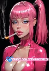 1female ai_generated beautiful big_breasts blue_eyes drugs latex pink_hair weed