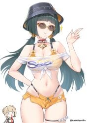 2girls anarchyart astra_yao belle_(summer_skies)_(zenless_zone_zero) belle_(zenless_zone_zero) belle_(zenless_zone_zero)_(cosplay) black_hair black_hat blonde_hair blood blunt_bangs breasts bucket_hat cleavage commentary_request cosplay evelyn_chevalier hat highres large_breasts linea_alba low_twintails micro_shorts midriff multiple_girls navel nosebleed off-shoulder_shirt off_shoulder orange_shorts pink_eyes shirt shorts simple_background smile tied_shirt twintails twitter_username white_background white_shirt yellow-framed_eyewear zenless_zone_zero