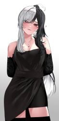 ahoge arms_behind_back black_dress black_hair black_thighhighs blush breasts cleavage dress female heart_pendant jewelry lace lace_sleeves large_breasts long_hair looking_at_viewer multicolored_hair necklace off_shoulder off_shoulder_dress red_eyes simple_background smile solo split_color_hair standing thighhighs two_tone_hair waktaverse white_background white_hair