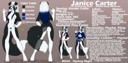 ajna anthro bikini blue_eyes border_collie breasts canine english_text female fur furry janice_carter model_sheet nude original_character pussy skimpy solo text