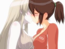 2012 2girls animated animated_gif blush breast_press breasts brown_hair closed_eyes couple ear female gif groping hangaku jacket kissing left_4_dead long_hair multiple_girls no_eyes pale_skin passionate ponytail shirt silver_hair source_request the_witch tied_hair witch_(left_4_dead) yuri zoey_(left_4_dead) zombie zombie_girl