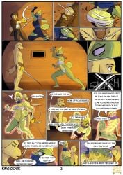2026 5_fingers 5_toes absurd_res anthro barefoot bird_dog black_nose breasts bridal_carry briefs caine_darby canid canine canis carrying_another chameleon chest_wraps clothed clothed/nude clothed_anthro clothed_female clothed_male clothed_to_nude clothing comic crouching dialogue domestic_dog duo english_text feet female fight fingers fur genitals golden_retriever green_body green_scales hi_res humanoid_feet humanoid_hands hunting_dog kingdorkster kohaku_momoichi lizard male male/female mammal melee_weapon navel ninja nipples nude nude_anthro nude_female page_number pirate plantigrade rapier reptile retriever sai_(weapon) scales scalie scarf speech_bubble sword tail tan_body tan_fur text toes torn_clothing underwear vulva warrior weapon wraps