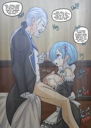 1boy 1girls bed bedroom big_breasts blue_eyes blue_hair breasts_squeezed_together butler butler_uniform cheating drool_on_breasts drool_string drooling drooling_on_penis encouragement grey_hair hair_ornament large_breasts long_hair maid maid_uniform moan moaning netorare nipples_outside on_knees ponytail re:zero_kara_hajimeru_isekai_seikatsu rem_(re:zero) roswaal_mansion_maid_uniform sitting_on_bed tagme tea_cup text titjob wacum white_hair wilhelm_van_astrea