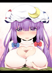 alternate_costume blush bow breast_hold breasts cleavage_cutout crescent female hairbow hat heart heart_cleavage_cutout heart_cutout long_hair looking_at_viewer male oborozuki paizuri paizuri_under_clothes patchouli_knowledge penis pov purple_eyes purple_hair rougetsu_(eclipse) simple_background straight sweater touhou uncensored very_long_hair