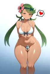 absurdres ai-created ai_art ai_generated arms_behind_back balls bent_over big_thighs bikini black_bow blush bow_bikini chastity_cage curvy dickgirl eyelashes facing_viewer futanari green_eyes green_hair half-closed_eyes halterneck heart_symbol looking_at_viewer mallow_(pokemon) medium_breasts no_panties pokemon seductive_eyes shiny_skin sissy smile solo standing tan thick_hips thick_legs thick_thighs thighs thighs_bigger_than_head twintails voluptuous white_bikini wide_hips