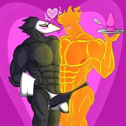 bara bara_tiddies bottom bulge deltarune fire gay grillby horny_male looking_pleasured male male/male male_only pecs pecs_against_each_other pecs_pressed_together pecs_touching penis precum precum_drip sex_toy slutboy sub swatch_(deltarune) swatchling_(deltarune) thong throbbing_penis undertale