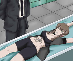 abs agent_smith amane_suzuha arms_up bondage brown_hair bug_(the_matrix) green_eyes kas-min lying lying_on_back male medium_breasts navel navel_penetration open_shirt peril probe restrained short_hair shorts simple_background spats sports_bra steins;gate the_matrix twin_braids