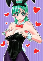 1girls animal_ears aqua_hair areola areola_slip arm arms bare_arms bare_shoulders black_leotard blue_eyes blush bow bowtie breast_grab breast_slip breasts bulma_(bunny) bulma_briefs bunny_costume bunny_ears bunny_girl bunny_tail bunnysuit busty cleavage closed_mouth detached_collar dragon_ball dragon_ball_(classic) erect_nipples fake_animal_ears female female_only green_hair heart highres human jeibii large_breasts long_hair looking_at_viewer neck nipples one_breast_out pantyhose purple_background red_bow red_bowtie smile solo strapless strapless_leotard teenager voluptuous wrist_cuffs