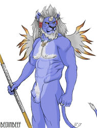 1boy anthro balls ballsack beefy beijinbeef blue blue_fur body_fur body_hair braided_hair color ear_piercing earrings feline final_fantasy final_fantasy_x flaccid_penis kimahri leonine leonine_tail lion looking_at_viewer male male_nipples male_only male_pubic_hair mane manly masculine mature_male musclegut muscles muscular_male nude_male pecs penis polearm pubes ronso scrotum smooth_fur solo spear tail testicles video_games white_hair yellow_eyes